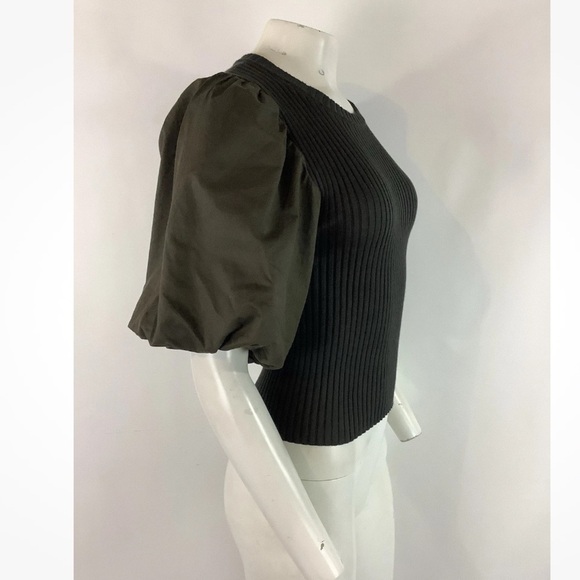 Sofie The Label Sz S Ribbed Puff Sleeve Sweater Deep Green Viscose Nylon - Picture 2 of 5